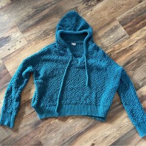 POL Teal Blue Textured Plush Hoodie Sweater